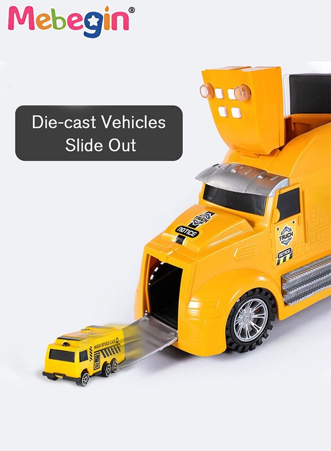 Vehicles Toy Set for Boys 17 Pcs Engineering Die-cast Construction Car with Music and Light Friction Powered Cars with Double Side Storage Carrier Truck Birthday Gift for Kids Age 3+