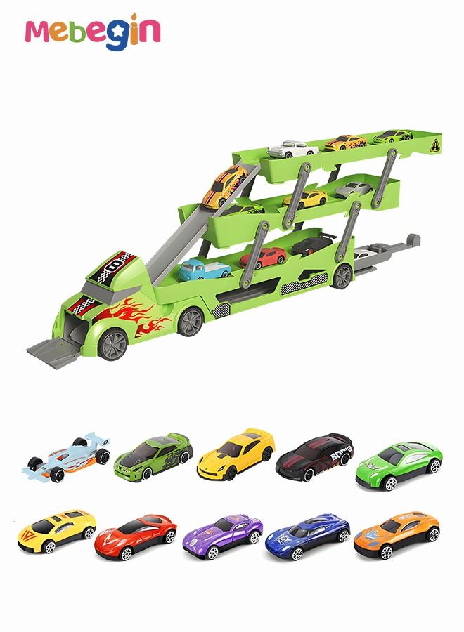 Storage Cart with 3-tier Carriers and 10 Mini Sliding Cars, Deformation Ejection Car Playset, Children's Parking Lot Toys, Creative Travel Toy, Easy to Storage and Carry, Ideal Gift for Kids