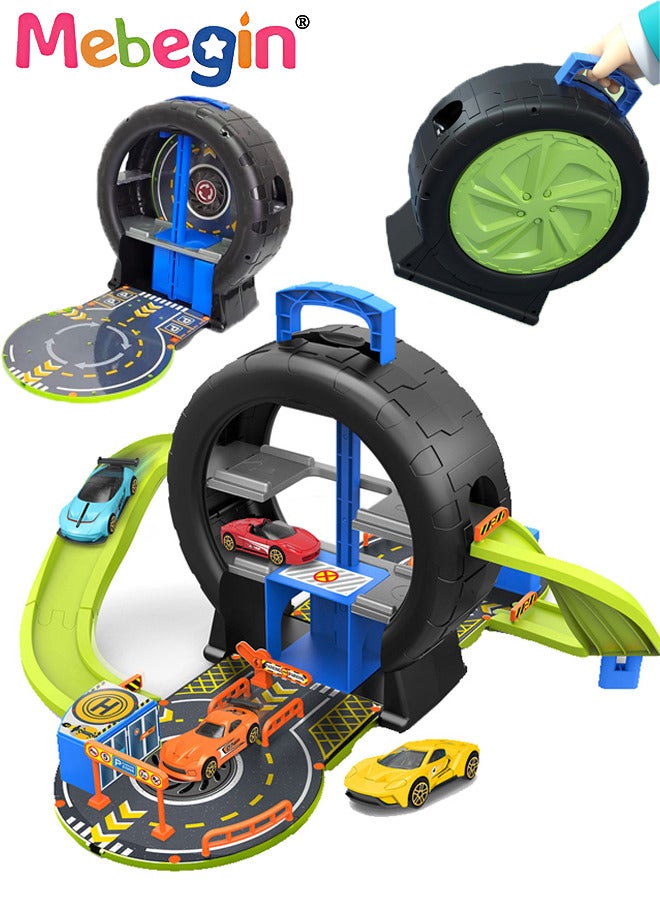 27PCS Tire-shaped Parking Lot Set with 4 Alloy Cars and 17 Road Signs, Creative Travel Toy with Independent Storage Box, Fun Board Game, Easy to Storage and Carry, Ideal Gift for Kids Aged 3+, 50*61*33cm