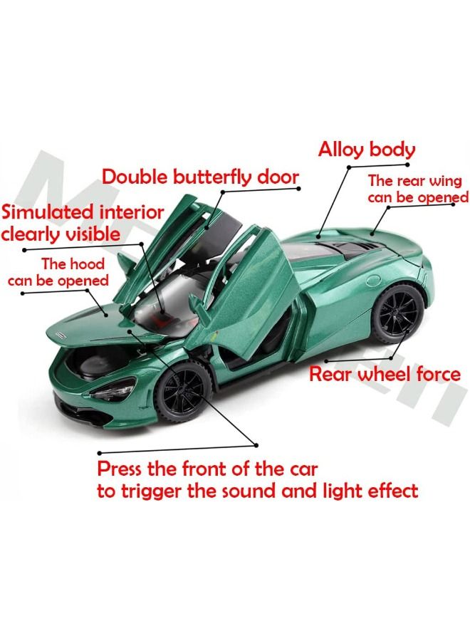 1:32 720s Car Model Toy, Zinc Alloy Pull Back Toy Car, Sound and Light Pull Back Model Car, Alloy Collectible Toy Green