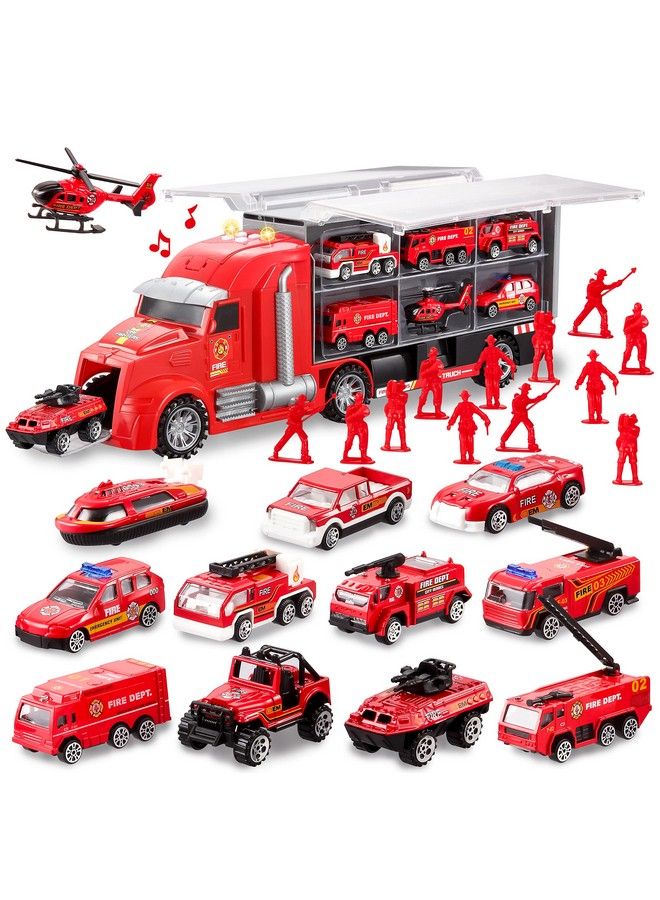 25 In 1 Diecast Fire Truck Vehicle Toy Set With Sounds And Lights, Fire Engine Vehicles In Carrier Truck, Mini Rescue Emergency Fire Truck Car Toy, Birthday Gifts For Over 3 Years Old Boys