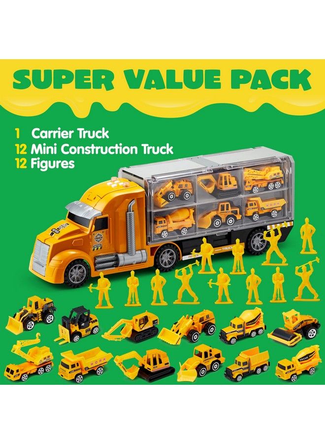 25 In 1 Diecast Construction Truck Vehicle Toy Set, Play Vehicles Set With Sounds And Lights In Carrier Truck, Push And Go Vehicle Car Toy, Kids Birthday Gifts For Over 3 Years Old Boys