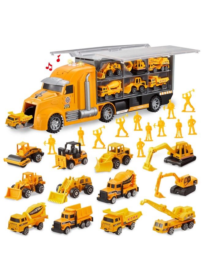 25 In 1 Diecast Construction Truck Vehicle Toy Set, Play Vehicles Set With Sounds And Lights In Carrier Truck, Push And Go Vehicle Car Toy, Kids Birthday Gifts For Over 3 Years Old Boys