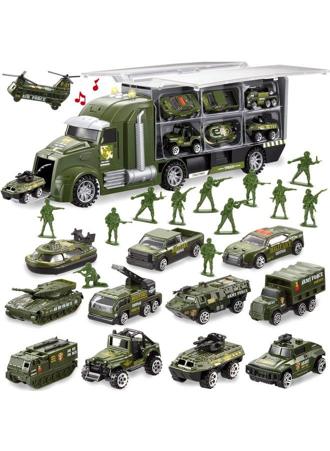 25 In 1 Green Military Big Truck Toys, Army Men Toys, Army Tanks Set With Soldier Men, Mini Battle Car Toy In Carrier Truck With Lights And Sounds, Gifts For Toddler Kids Boys Ages 3+