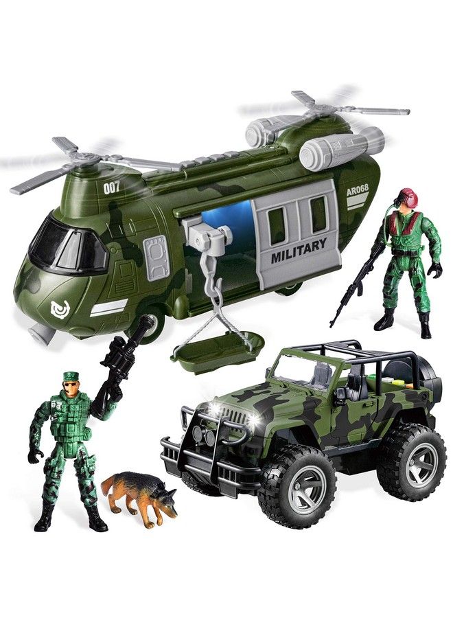 Military Vehicles Toy Set Of Friction Powered Transport Helicopter And Military Truck With Light And Sound Siren And Army Men Soldier Action Figures For Kids