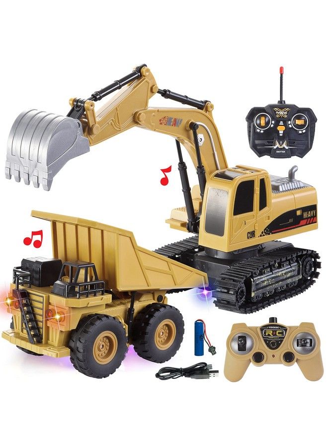 2 Pcs Remote Control Construction Vehicle Toy Set Frictionpowered Rc Excavator & Rc Dump Truck With Lights And Sounds For Imaginative Play Birthday Gifts For Toddlers Boys Girls