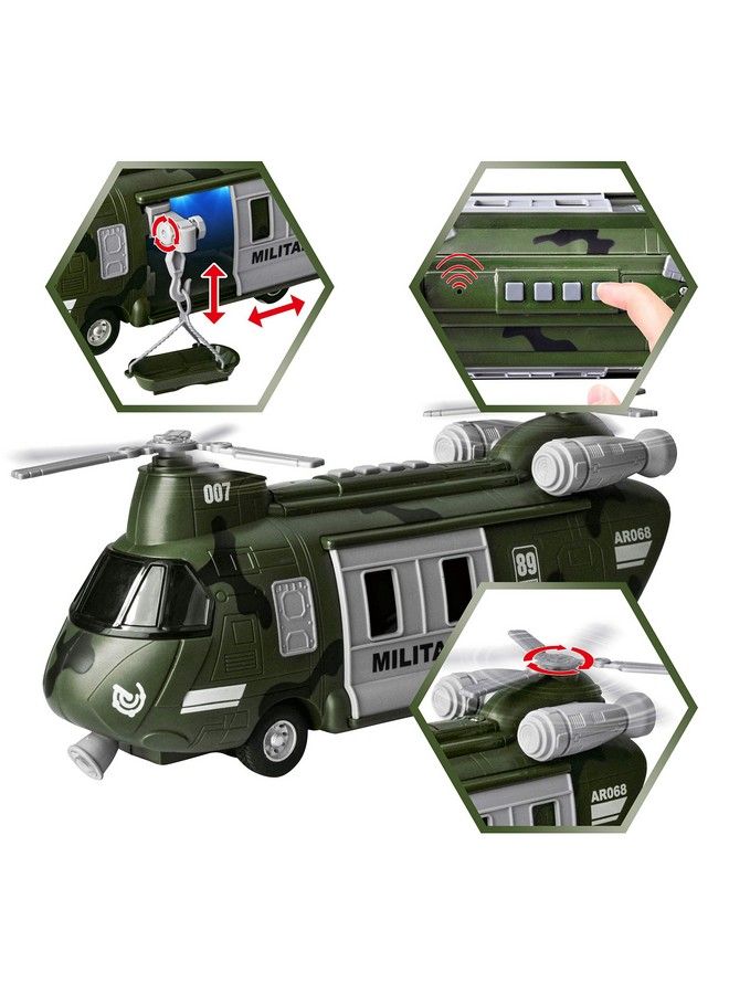 Military Vehicles Toy Set Of Friction Powered Transport Helicopter And Military Truck With Light And Sound Siren And Army Men Soldier Action Figures For Kids