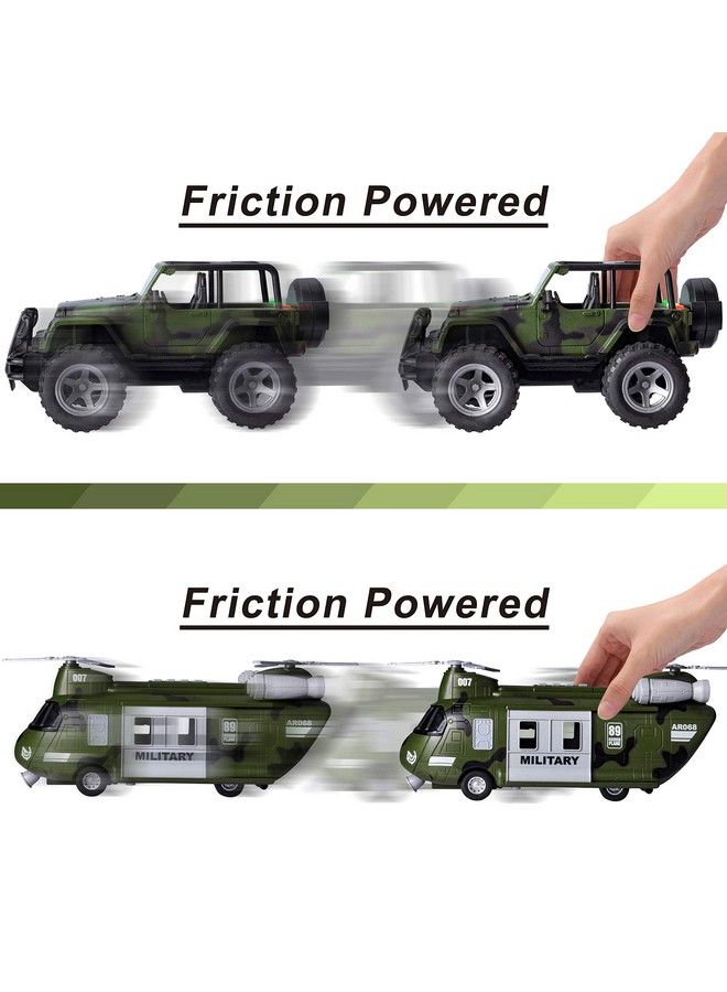 Military Vehicles Toy Set Of Friction Powered Transport Helicopter And Military Truck With Light And Sound Siren And Army Men Soldier Action Figures For Kids