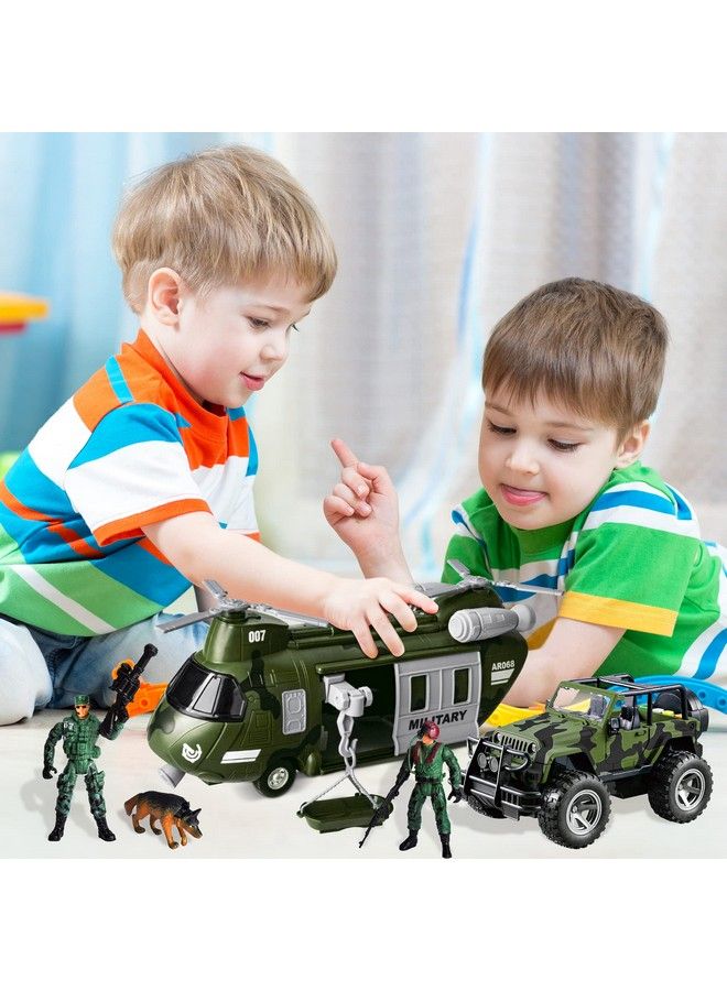 Military Vehicles Toy Set Of Friction Powered Transport Helicopter And Military Truck With Light And Sound Siren And Army Men Soldier Action Figures For Kids