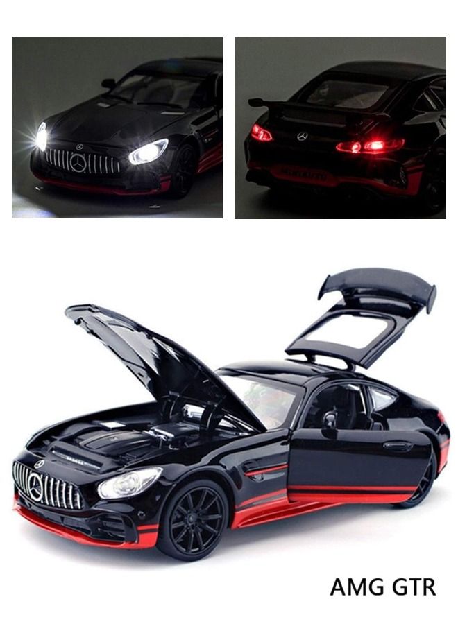 1:32 AMG GTR Car Model Toy, Diecast Zinc Alloy Pull Back Toy Car, Sound and Light Pull Back Model Car for Kids Boy Girl Gift (Black/Red)