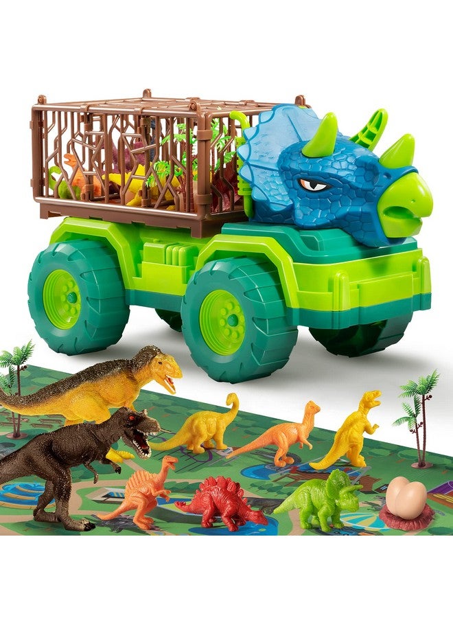 Dinosaur Truck Toys For Toddlers Kids 35 Triceratops Transport Car Carrier Truck With 8 Dino Figures Play Mat Dino Eggs And Trees Capture Jurassic Dinosaurs Play Set For Boys And Girls