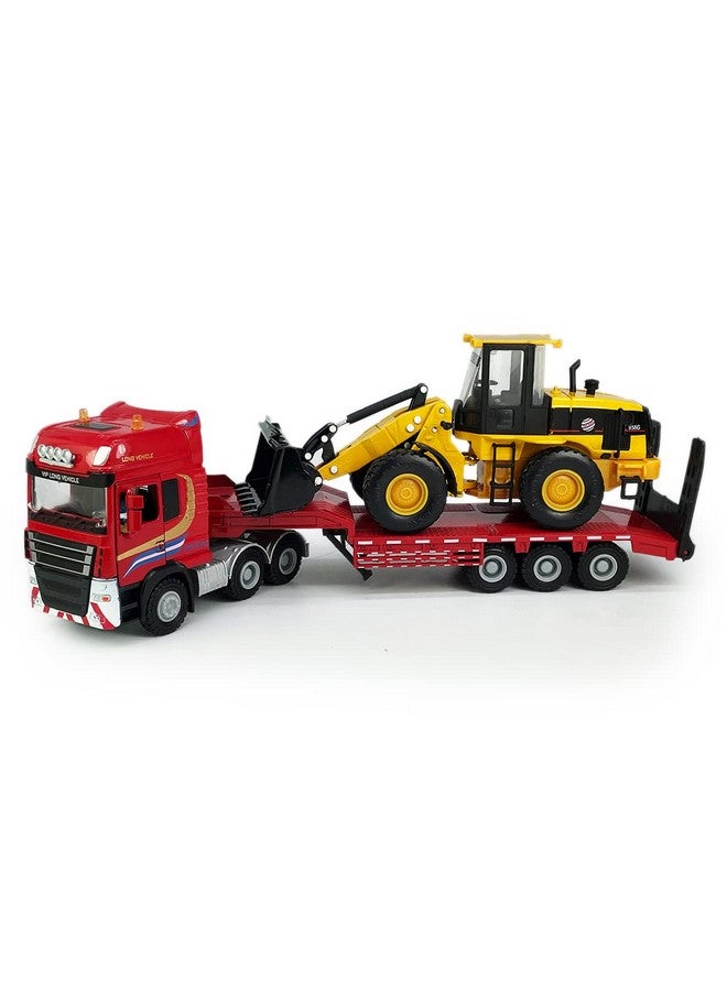 Flatbed Truck Toy With Excavator Loader Tractor Bulldozer Semi Tow Truck Transport Trailer Metal Diecast Construction Vehicles 2 In 1 Vehicle Playset Friction Powered Toy Trucks For Boys Kids Gift Red