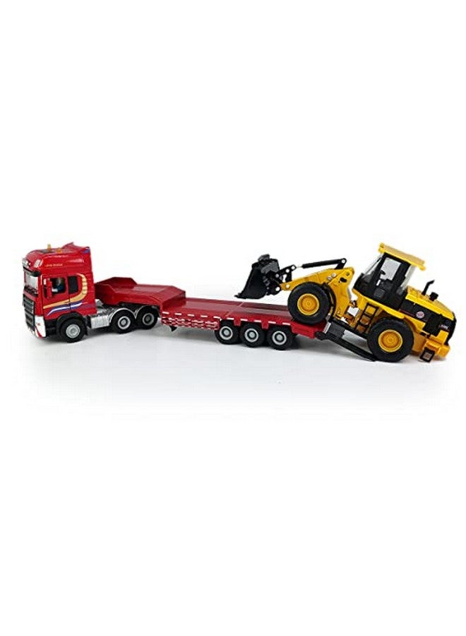 Flatbed Truck Toy With Excavator Loader Tractor Bulldozer Semi Tow Truck Transport Trailer Metal Diecast Construction Vehicles 2 In 1 Vehicle Playset Friction Powered Toy Trucks For Boys Kids Gift Red