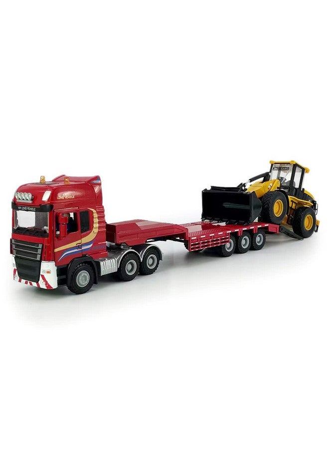 Flatbed Truck Toy With Excavator Loader Tractor Bulldozer Semi Tow Truck Transport Trailer Metal Diecast Construction Vehicles 2 In 1 Vehicle Playset Friction Powered Toy Trucks For Boys Kids Gift Red