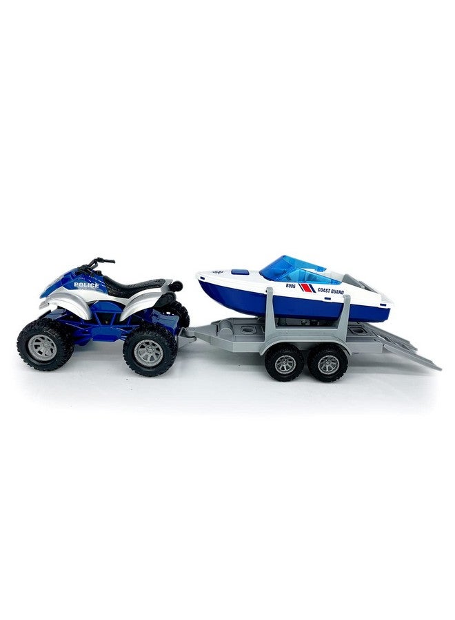 Large Atv Toy With Trailer Speedboat Tow Truck Flatbed Transport Police Motorcycle Toy Vehicle 2 In 1 Playset Light Sound Toys Trucks For Boys 3 4 5 6 7 Years Old Kids Toddlers Birthday Gifts Blue