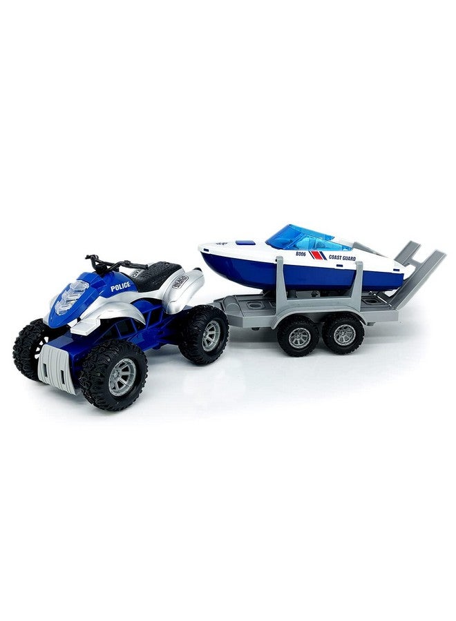 Large Atv Toy With Trailer Speedboat Tow Truck Flatbed Transport Police Motorcycle Toy Vehicle 2 In 1 Playset Light Sound Toys Trucks For Boys 3 4 5 6 7 Years Old Kids Toddlers Birthday Gifts Blue