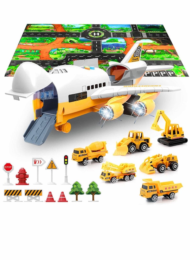 Car Toys Set with Transport Cargo Airplane and Large Play Mat Mini Educational Vehicle Police Car Set for Kids Toddlers Boys Child Gift for 3 4 5 6 Years Old 6 Cars Large Plane 11 Road Signs