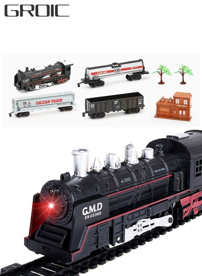 Electric Oil Can Train Set Track Retro Steam Train Model DIY Product Electric Train Toy Set Simulation Track Locomotive Carriages Oil Cans Trees Houses Sound Effects Lights