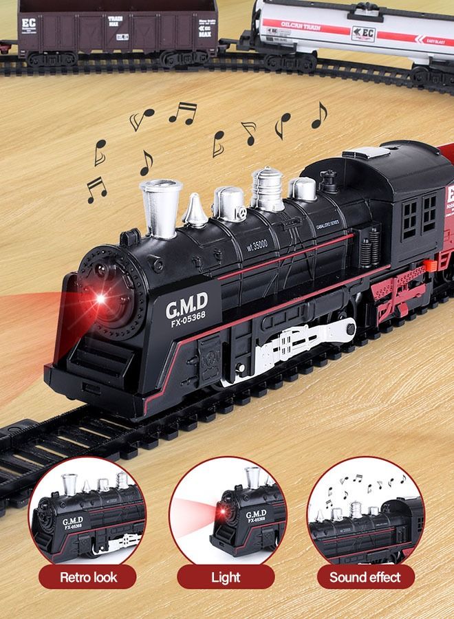 Electric Oil Can Train Set Track Retro Steam Train Model DIY Product Electric Train Toy Set Simulation Track Locomotive Carriages Oil Cans Trees Houses Sound Effects Lights