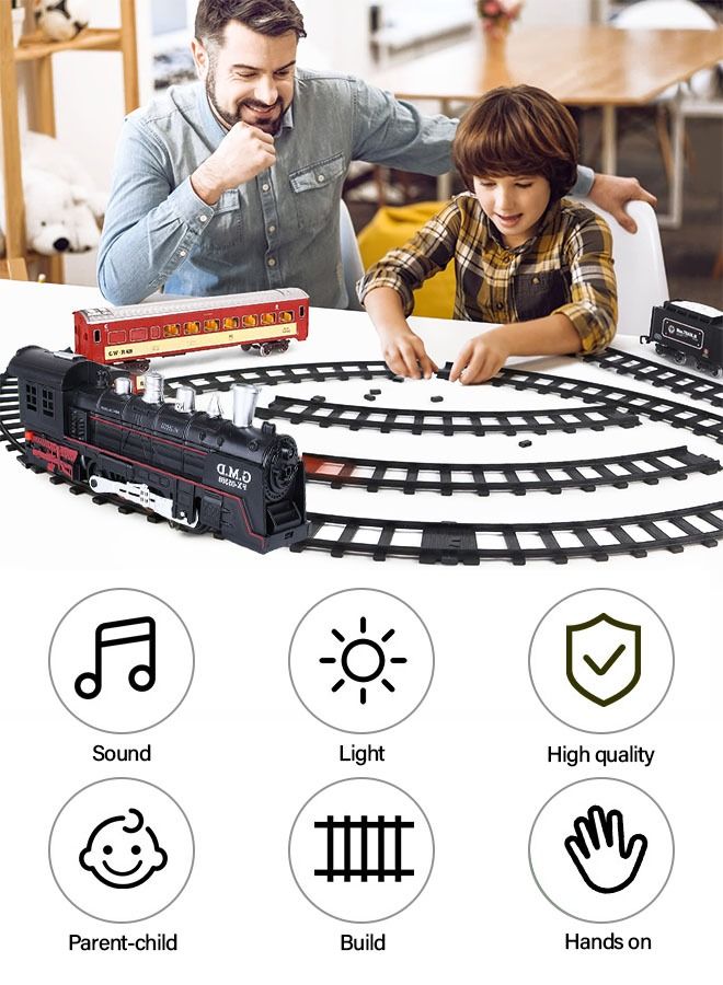 Electric Oil Can Train Set Track Retro Steam Train Model DIY Product Electric Train Toy Set Simulation Track Locomotive Carriages Oil Cans Trees Houses Sound Effects Lights