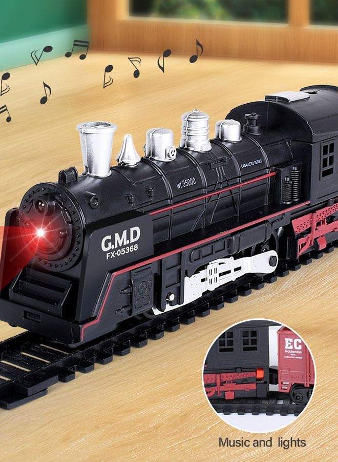 Electric Oil Can Train Set Track Retro Steam Train Model DIY Product Electric Train Toy Set Simulation Track Locomotive Carriages Oil Cans Trees Houses Sound Effects Lights