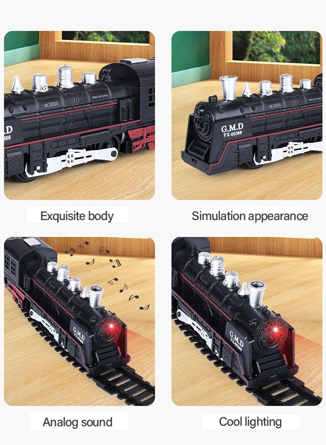 Electric Oil Can Train Set Track Retro Steam Train Model DIY Product Electric Train Toy Set Simulation Track Locomotive Carriages Oil Cans Trees Houses Sound Effects Lights