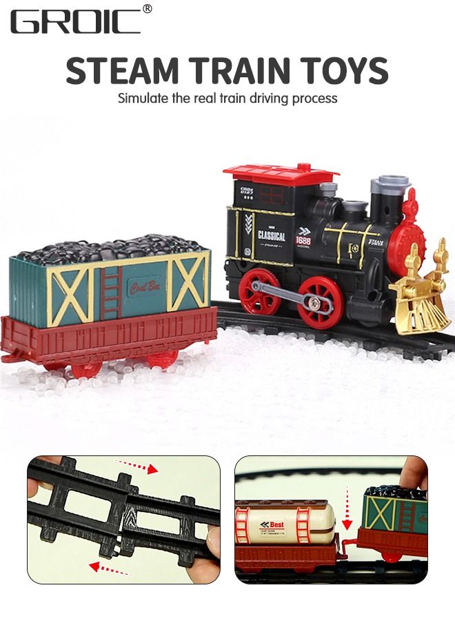 Steam Train Set Electric Train Track Set, Toy Train Set with Steam, Tracks, Lights & Sounds, Steam Locomotive Engine, Train Carriages, Cargo Cars Steam Train Toy Gift for Kids