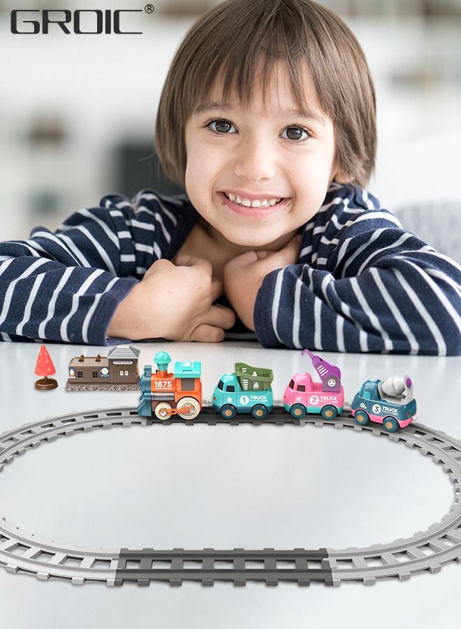 17 PCS Electric Train Toys with Light and Music, Cartoon Engineering Rail Car Locomotive Train Magnetic Connection Engineering Swing, Motorized Train Accessories with Sound Track Toy Car