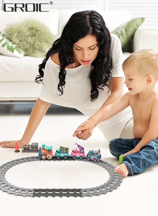 17 PCS Electric Train Toys with Light and Music, Cartoon Engineering Rail Car Locomotive Train Magnetic Connection Engineering Swing, Motorized Train Accessories with Sound Track Toy Car