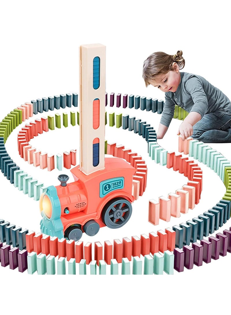 Domino Train Toy Car Domino Stacking Building Block Set Children's Building Block Domino Toy Electric Children's Creative Toy Game Educational Toy (Pink)