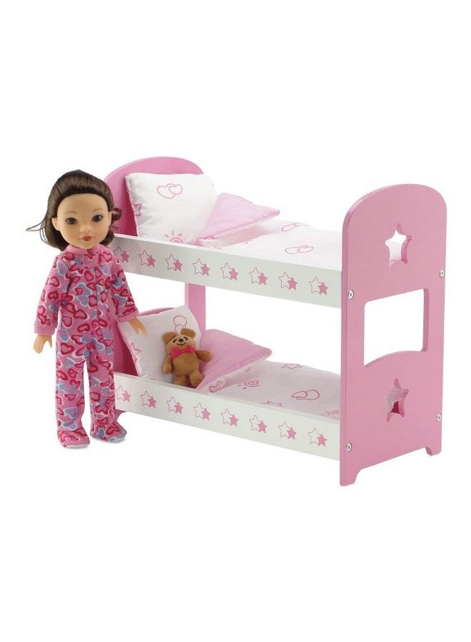 14 Inch Doll Pink And White Bunkbed Bed Bunk With Reversible Bedding Star ; Compatible With American Girl Wellie Wishers Dolls
