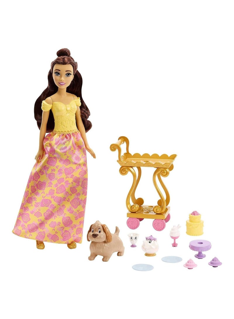 Disney Princess Belle Doll with Shiny Clothing Tea Time Cart Playset