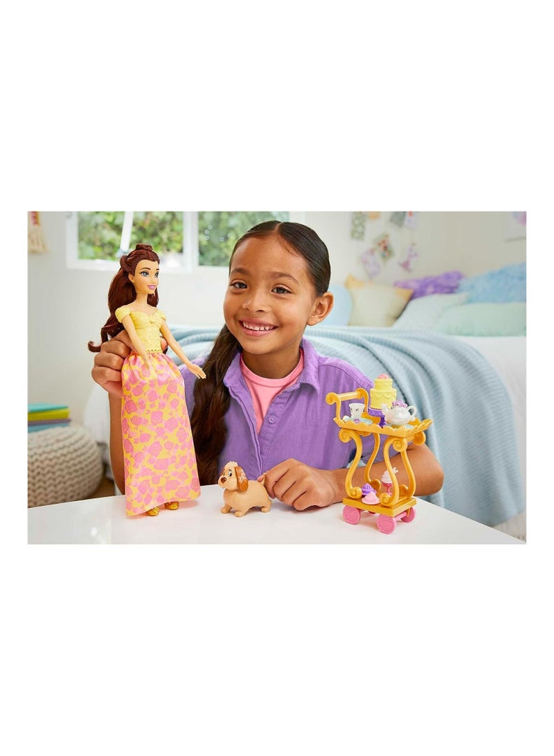 Disney Princess Belle Doll with Shiny Clothing Tea Time Cart Playset
