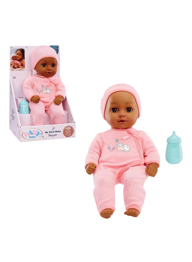 My First Baby Doll Harper Dark Brown Eyes: Realistic Softbodied Baby Doll For Kids Ages 1 & Up, Eyes Open & Close, Baby Doll With Bottle