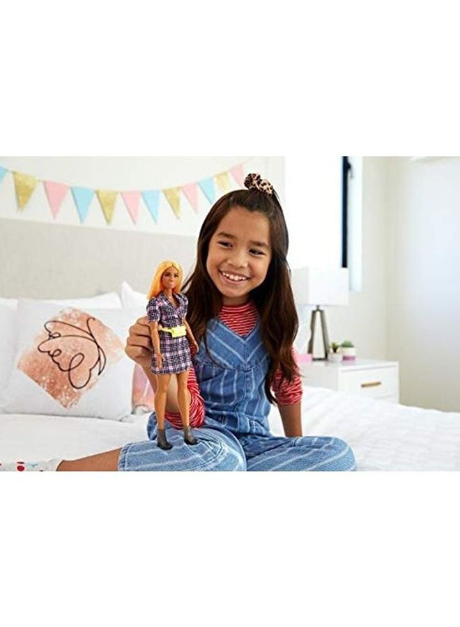 Fashion Doll With Puff Sleeve Plaid Blazer Dress