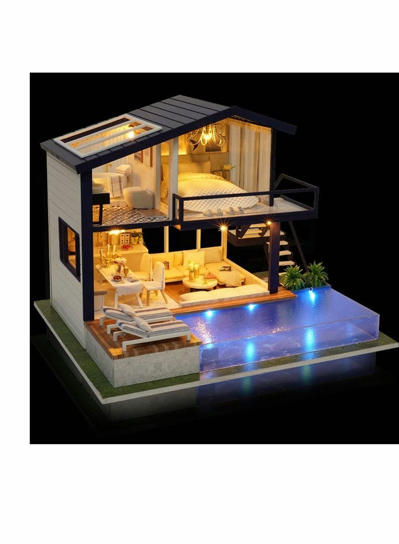 DIY Miniature Dollhouse Kit, Time Apartment DIY Dollhouse Kit with Wooden Furniture Light Gift House Toy, Dollhouse Building Kit Playset with Dust Protection Cover, Idea Gift, 1 Set
