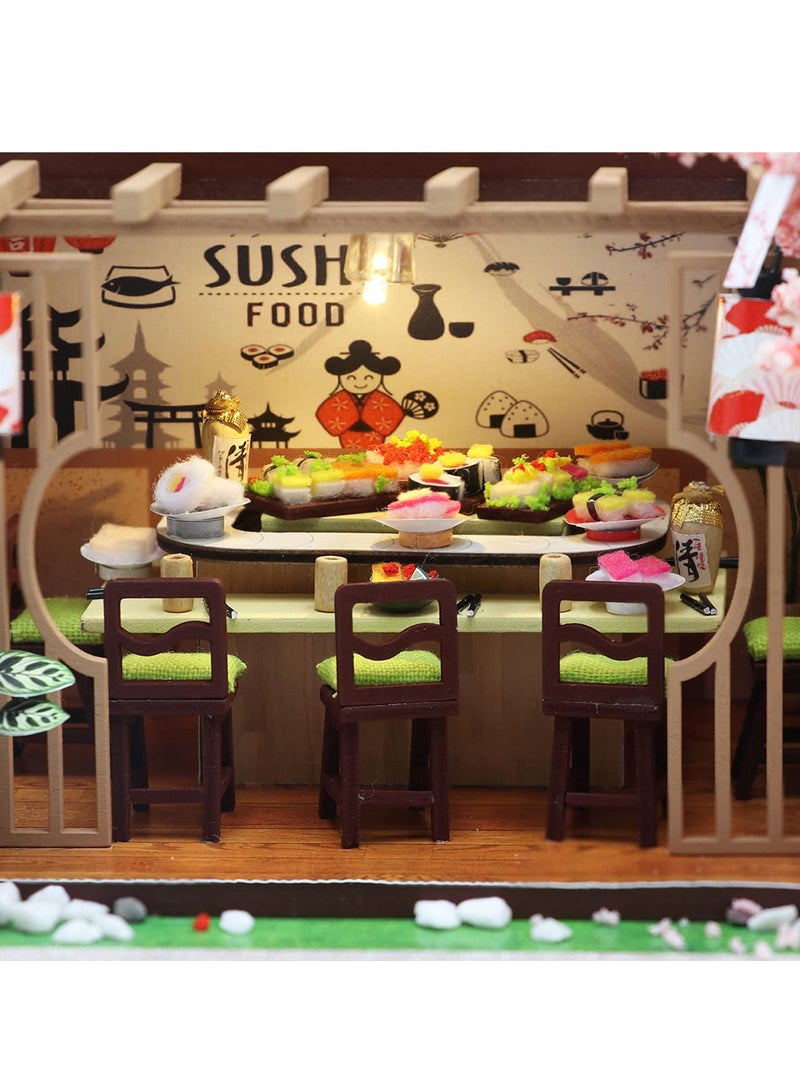 DIY Miniature Dollhouse Kit with Furniture and LED Light, Japanese Sushi Shop, Wooden Dollhouse, 1:24 Scale Creative Doll House Toys, Home Decoration