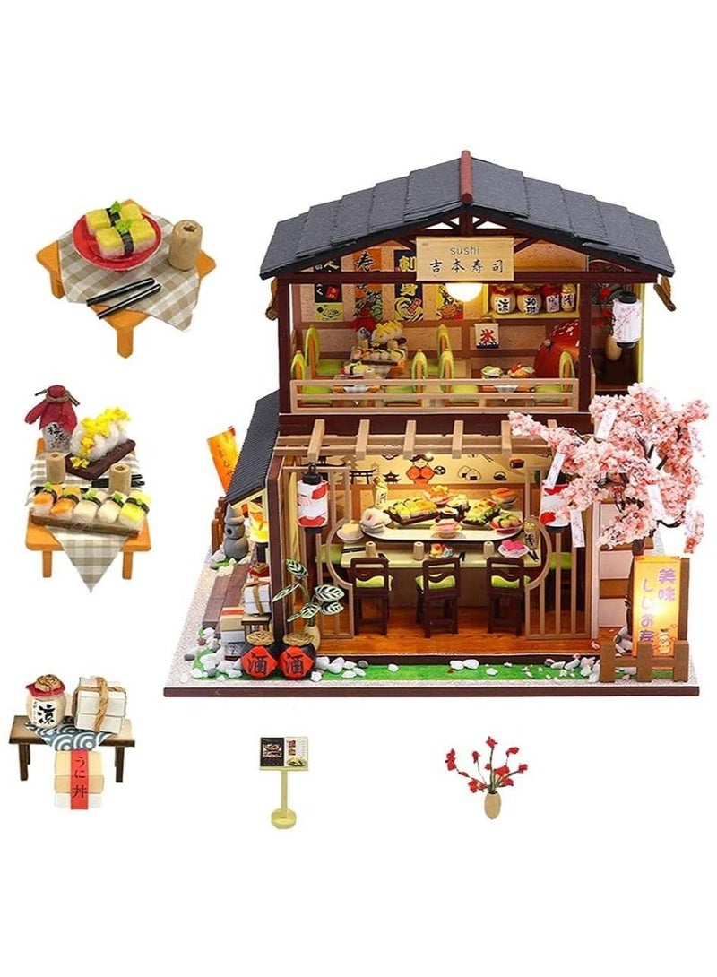 DIY Miniature Dollhouse Kit with Furniture and LED Light, Japanese Sushi Shop, Wooden Dollhouse, 1:24 Scale Creative Doll House Toys, Home Decoration