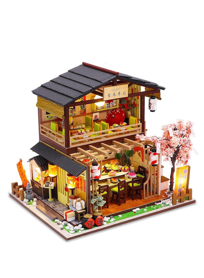 DIY Miniature Dollhouse Kit with Furniture and LED Light, Japanese Sushi Shop, Wooden Dollhouse, 1:24 Scale Creative Doll House Toys, Home Decoration