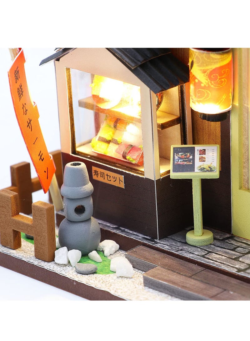 DIY Miniature Dollhouse Kit with Furniture and LED Light, Japanese Sushi Shop, Wooden Dollhouse, 1:24 Scale Creative Doll House Toys, Home Decoration