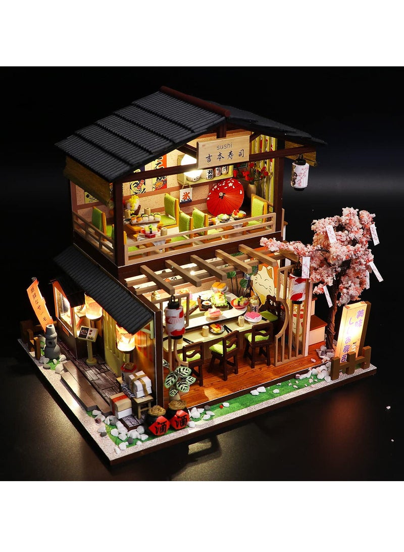 DIY Miniature Dollhouse Kit with Furniture and LED Light, Japanese Sushi Shop, Wooden Dollhouse, 1:24 Scale Creative Doll House Toys, Home Decoration