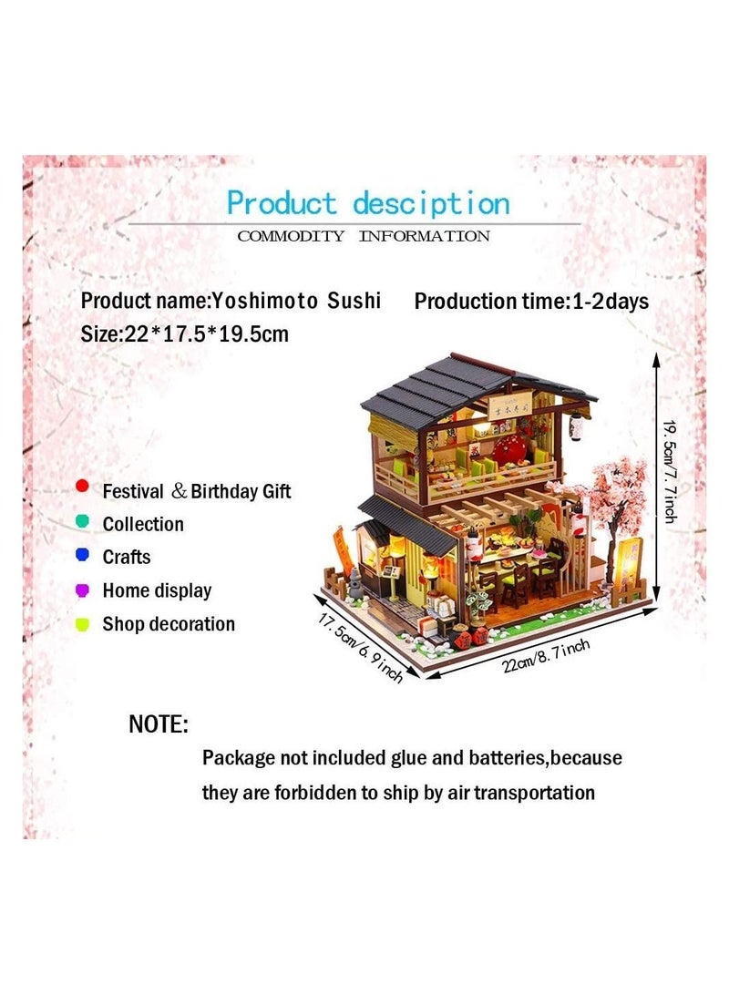 DIY Miniature Dollhouse Kit with Furniture and LED Light, Japanese Sushi Shop, Wooden Dollhouse, 1:24 Scale Creative Doll House Toys, Home Decoration