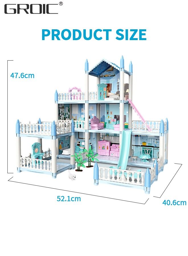 Doll House, 3 Stories 8 Rooms 1 Balcony, Dollhouse Sets with Dolls, Led Light & Slide, Furniture and Accessories, DIY Building Pretend Play Doll House, Playing House Building Playset