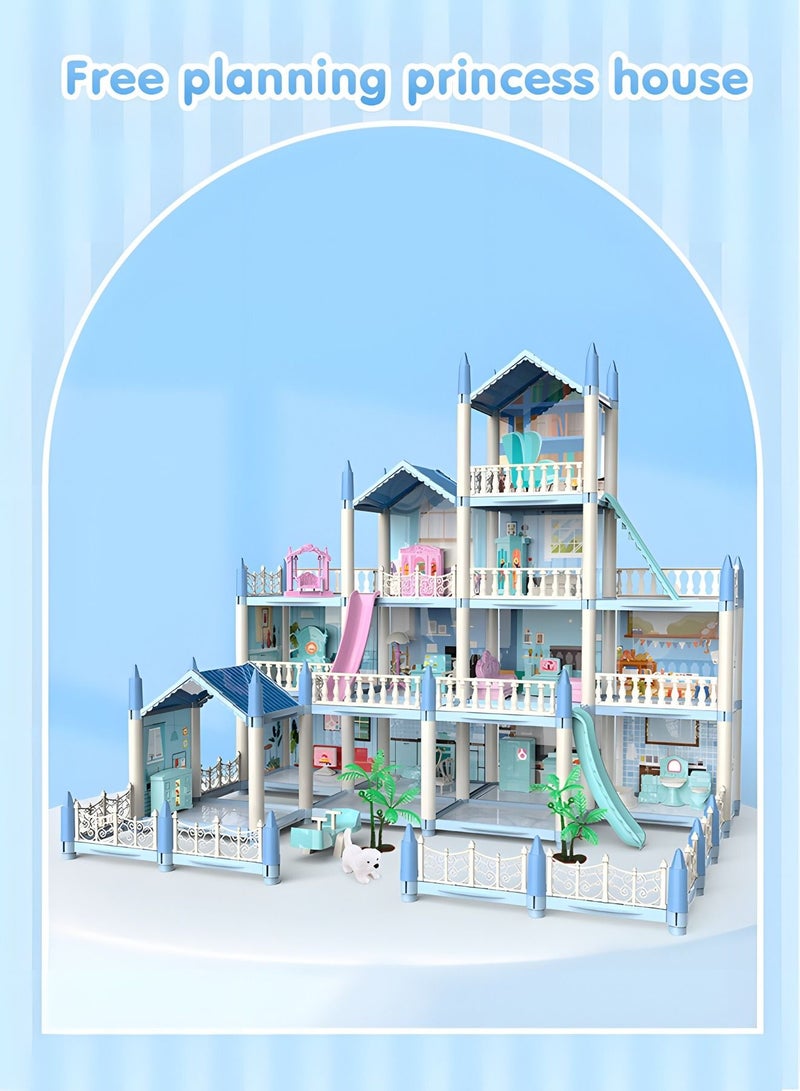 Dollhouse Dreamhouse Building Toys Figure Furniture, DIY House, Accessories, Pets,Movable Slides,Blue Play Dream House for Girls