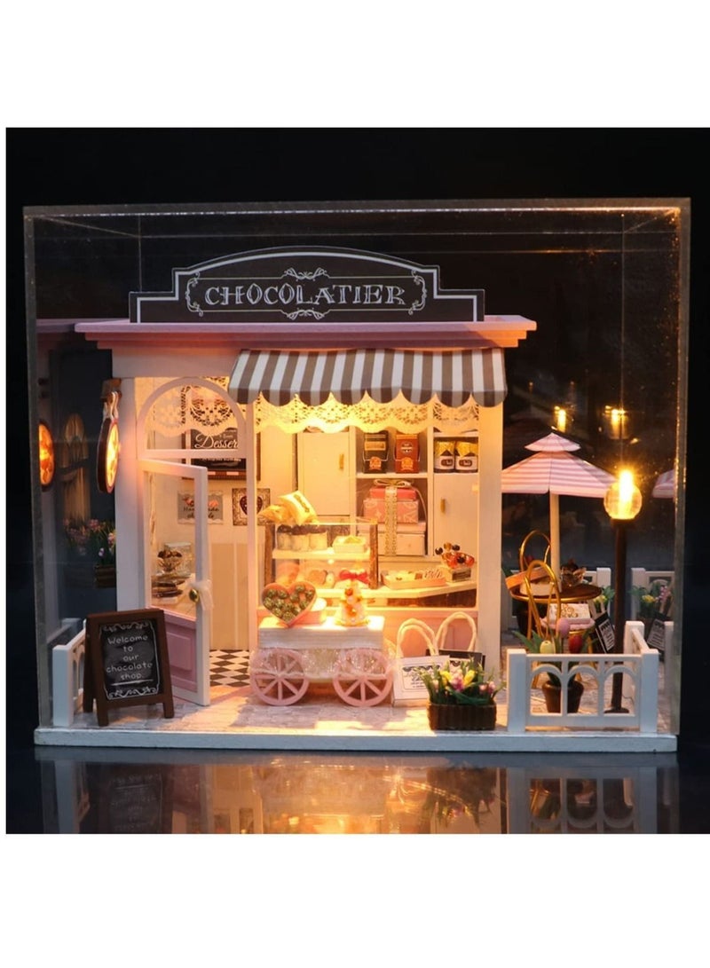 DIY Miniature Dollhouse Kit, Tiny House Kit with Music and Dust Proof, Miniature House Kit 1:24 Scale Chocolate Shop, Great Handmade Crafts Gift for Birthday