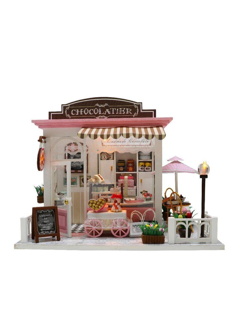 DIY Miniature Dollhouse Kit, Tiny House Kit with Music and Dust Proof, Miniature House Kit 1:24 Scale Chocolate Shop, Great Handmade Crafts Gift for Birthday