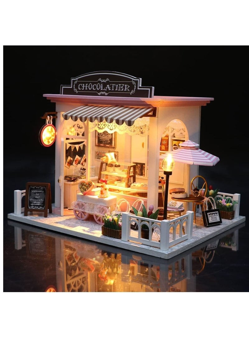 DIY Miniature Dollhouse Kit, Tiny House Kit with Music and Dust Proof, Miniature House Kit 1:24 Scale Chocolate Shop, Great Handmade Crafts Gift for Birthday