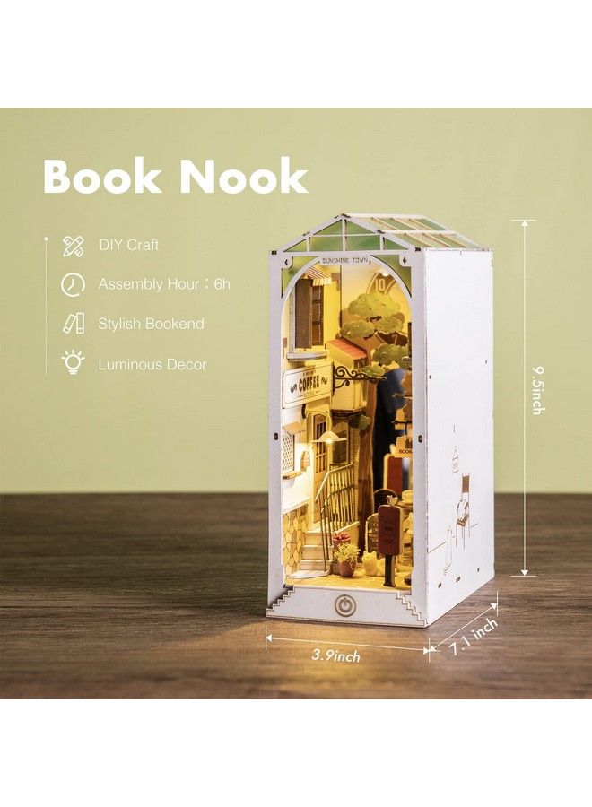 Diy Book Nook Kit 3D Wooden Puzzle Bookshelf Indert Decor With Led Diy Bookend Diorama Dollhouse Kit Crafts Hobbies Gifts For Adults/Teens (Sunshine Town)