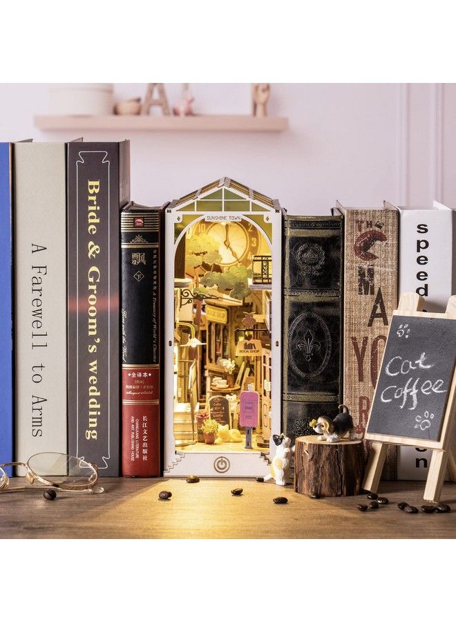 Diy Book Nook Kit 3D Wooden Puzzle Bookshelf Indert Decor With Led Diy Bookend Diorama Dollhouse Kit Crafts Hobbies Gifts For Adults/Teens (Sunshine Town)