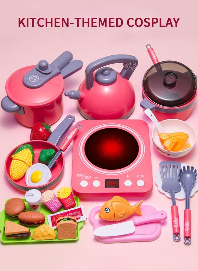 61Pcs Kids Play Kitchen Toys Set, Cooking Playset, Pretend Kitchen Toys, Cookware Set with Light and Sound for Toddlers Boys Girls